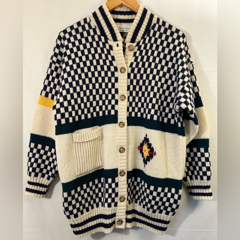 Vintage Jayson Younger Shetland Wool Oversized Checkered Knit Cardigan Size S